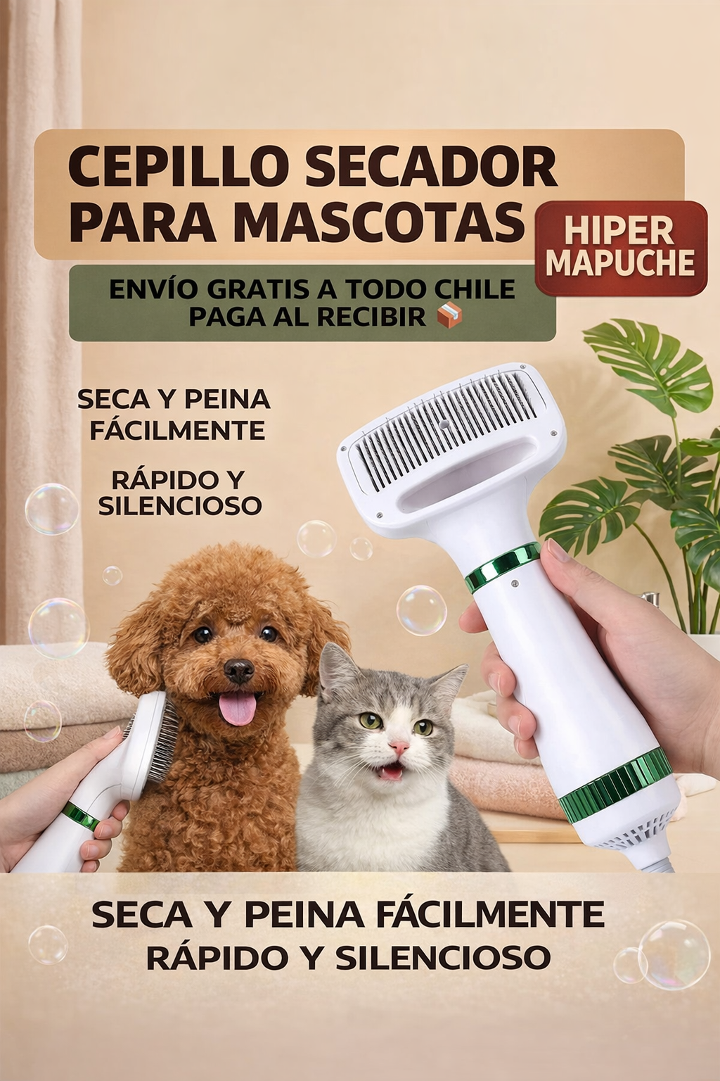 Secadora y Cepillo 2 en 1 para Mascotas | Secado Rápido + Pelaje Ordenado