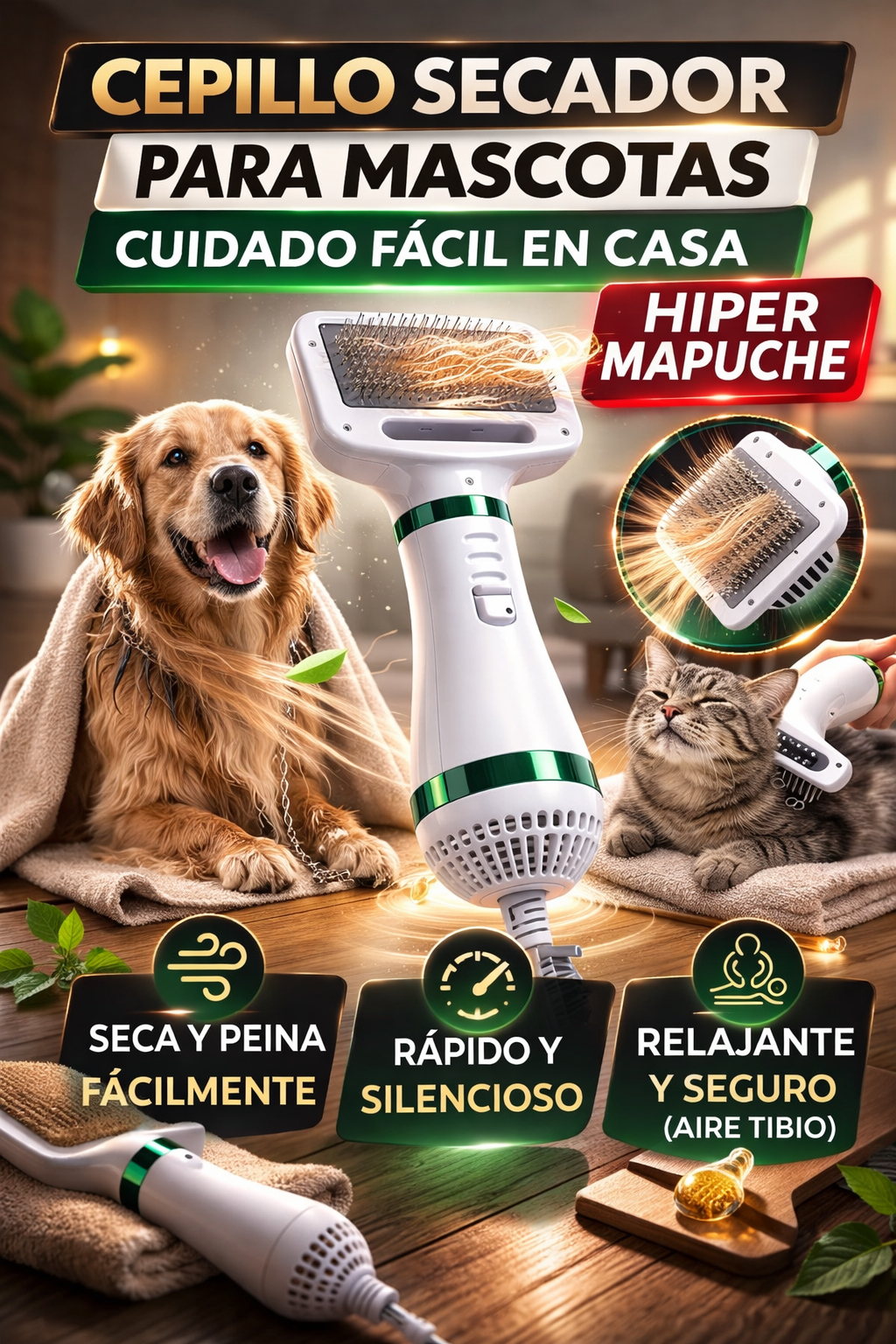 Secadora y Cepillo 2 en 1 para Mascotas | Secado Rápido + Pelaje Ordenado